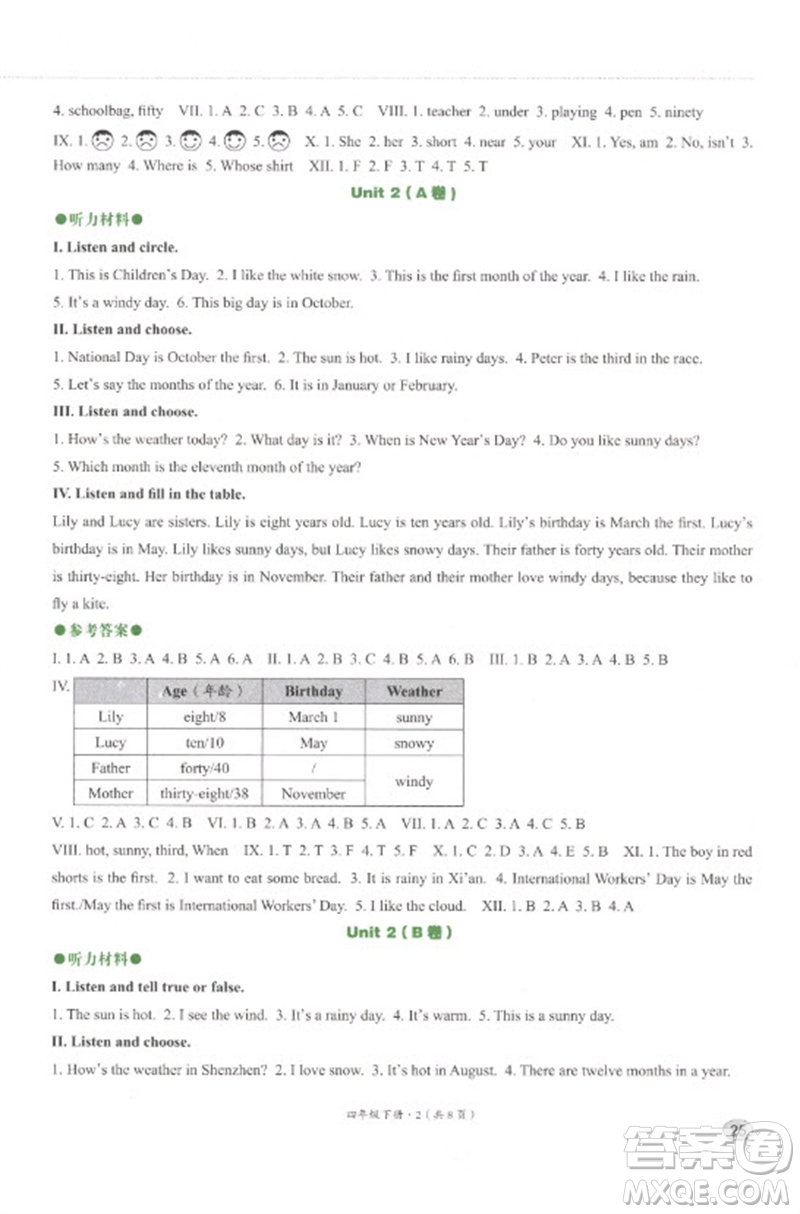 河北教育出版社2023基本功訓(xùn)練四年級(jí)英語(yǔ)下冊(cè)三起點(diǎn)冀教版參考答案