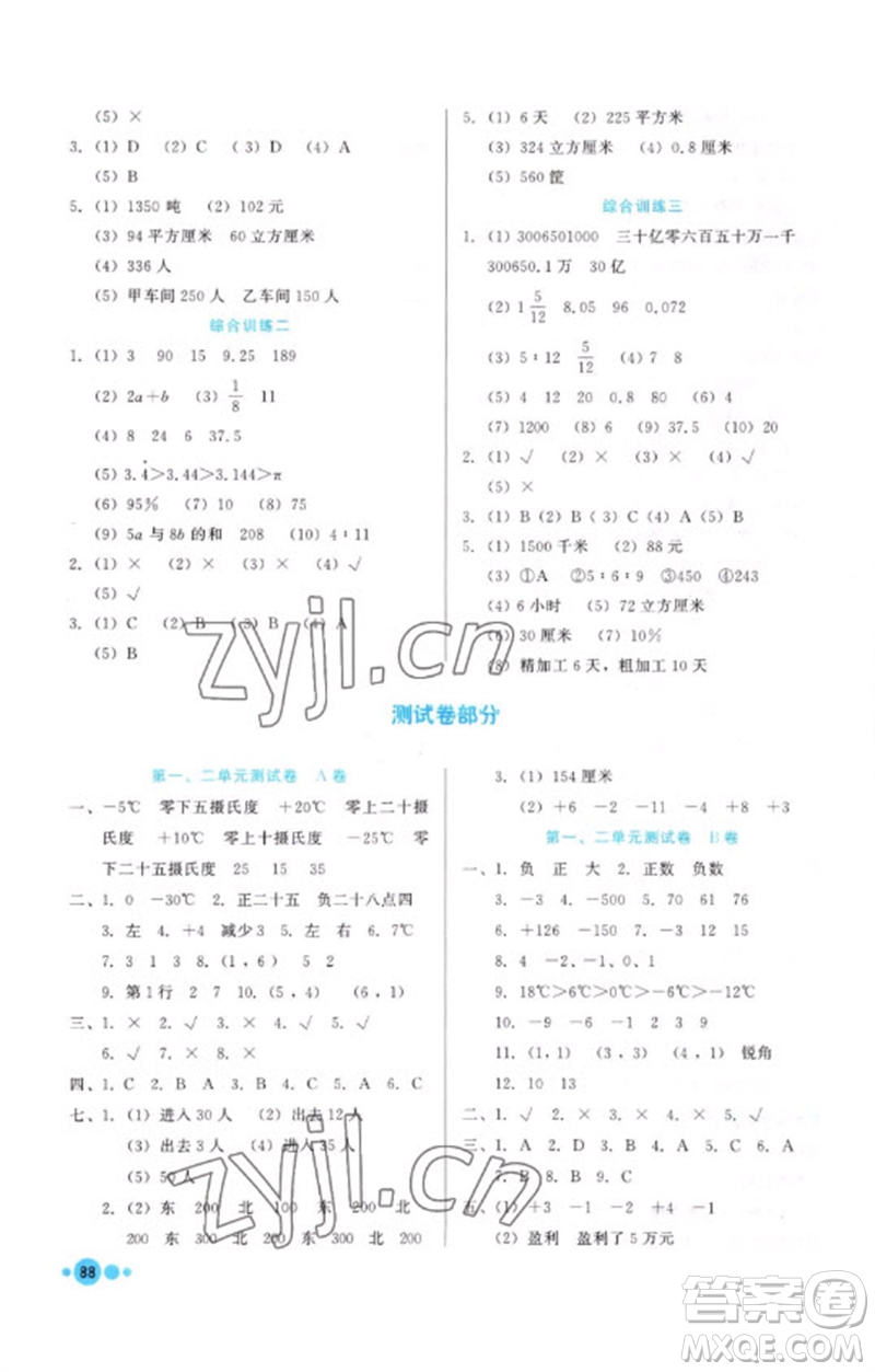 河北教育出版社2023基本功訓練六年級數(shù)學下冊冀教版參考答案