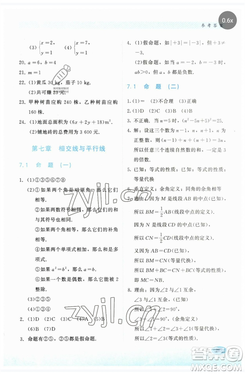 河北教育出版社2023同步練習(xí)冊(cè)七年級(jí)數(shù)學(xué)下冊(cè)冀教版參考答案