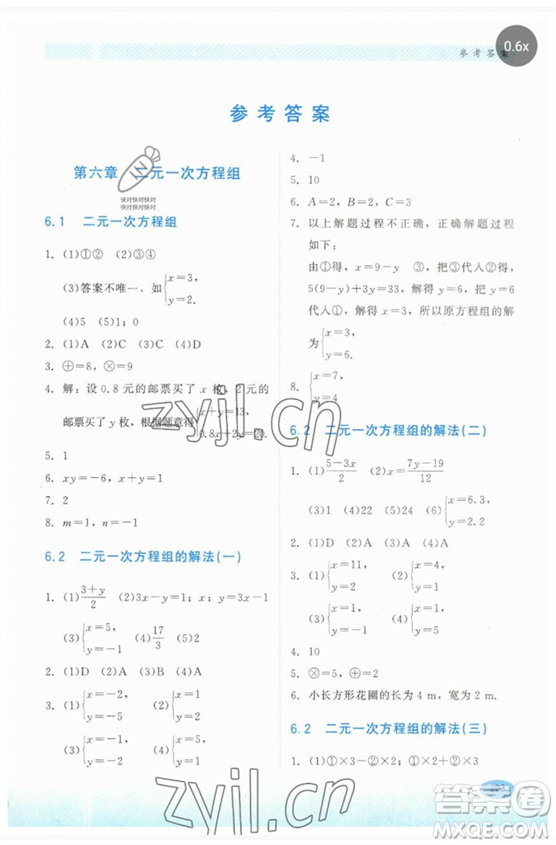 河北教育出版社2023同步練習(xí)冊(cè)七年級(jí)數(shù)學(xué)下冊(cè)冀教版參考答案