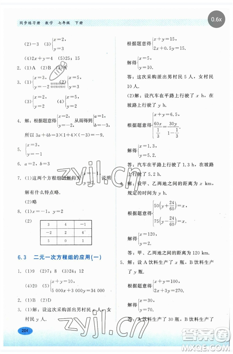 河北教育出版社2023同步練習(xí)冊(cè)七年級(jí)數(shù)學(xué)下冊(cè)冀教版參考答案