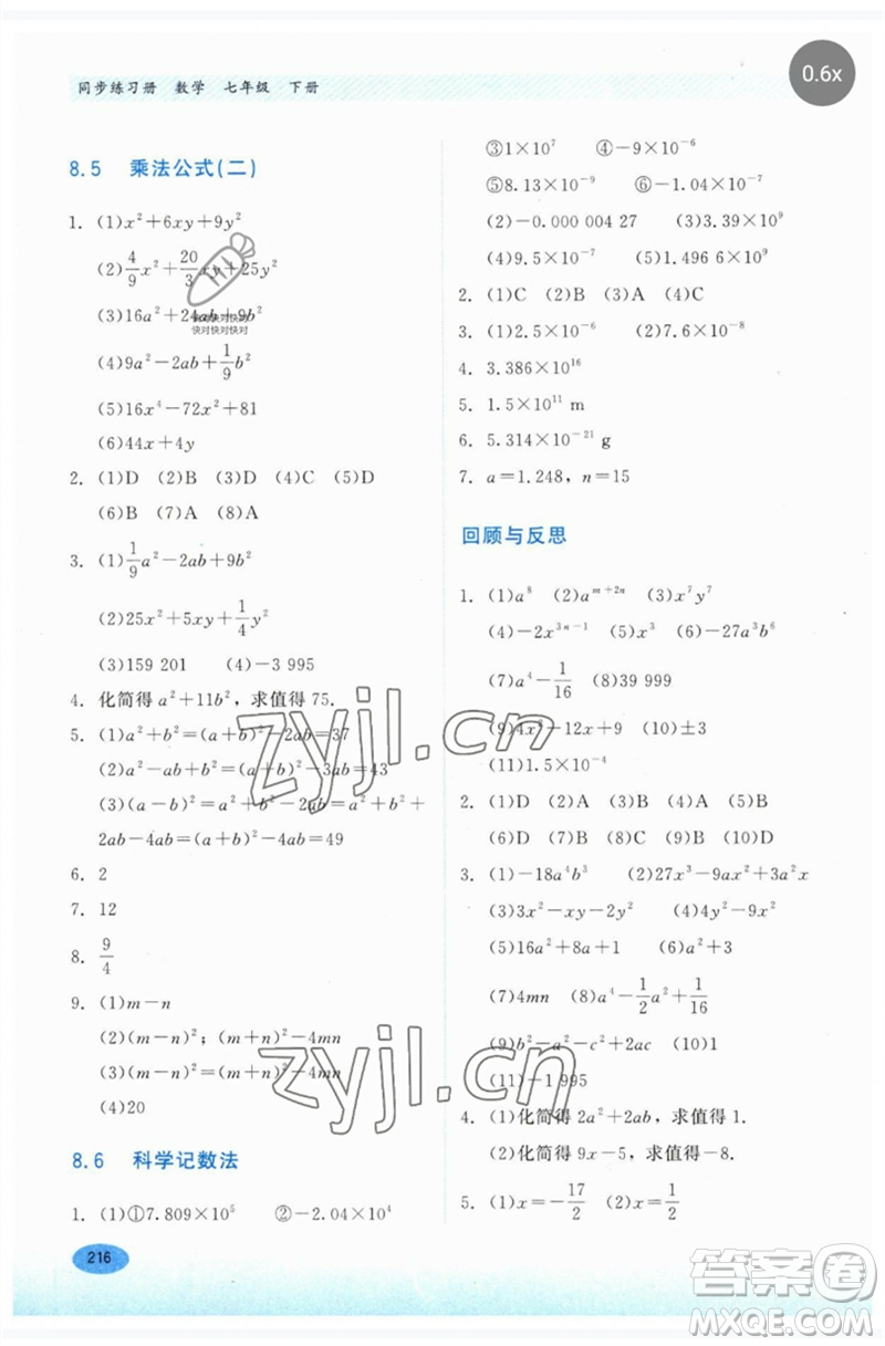 河北教育出版社2023同步練習(xí)冊(cè)七年級(jí)數(shù)學(xué)下冊(cè)冀教版參考答案