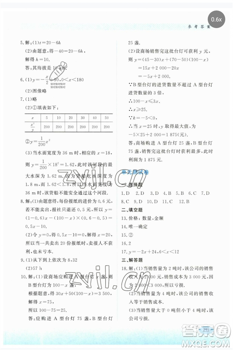 河北教育出版社2023同步練習(xí)冊(cè)八年級(jí)數(shù)學(xué)下冊(cè)冀教版參考答案