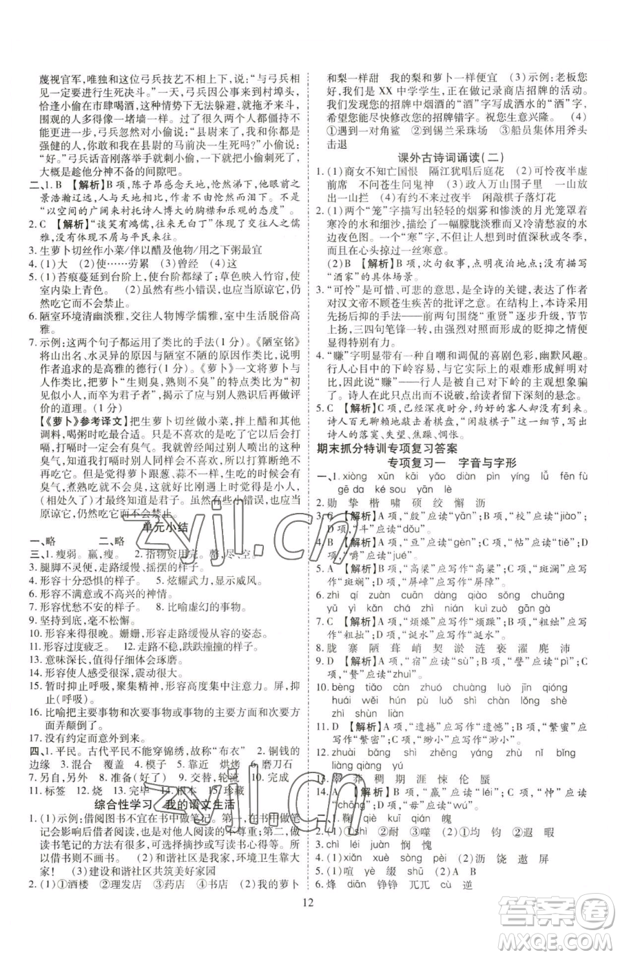 云南美術(shù)出版社2023暢行課堂七年級下冊語文人教版參考答案