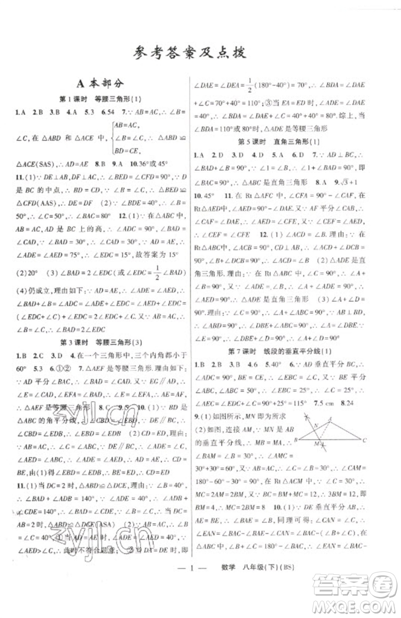 新疆青少年出版社2023原創(chuàng)新課堂八年級數(shù)學(xué)下冊北師大版深圳專版參考答案