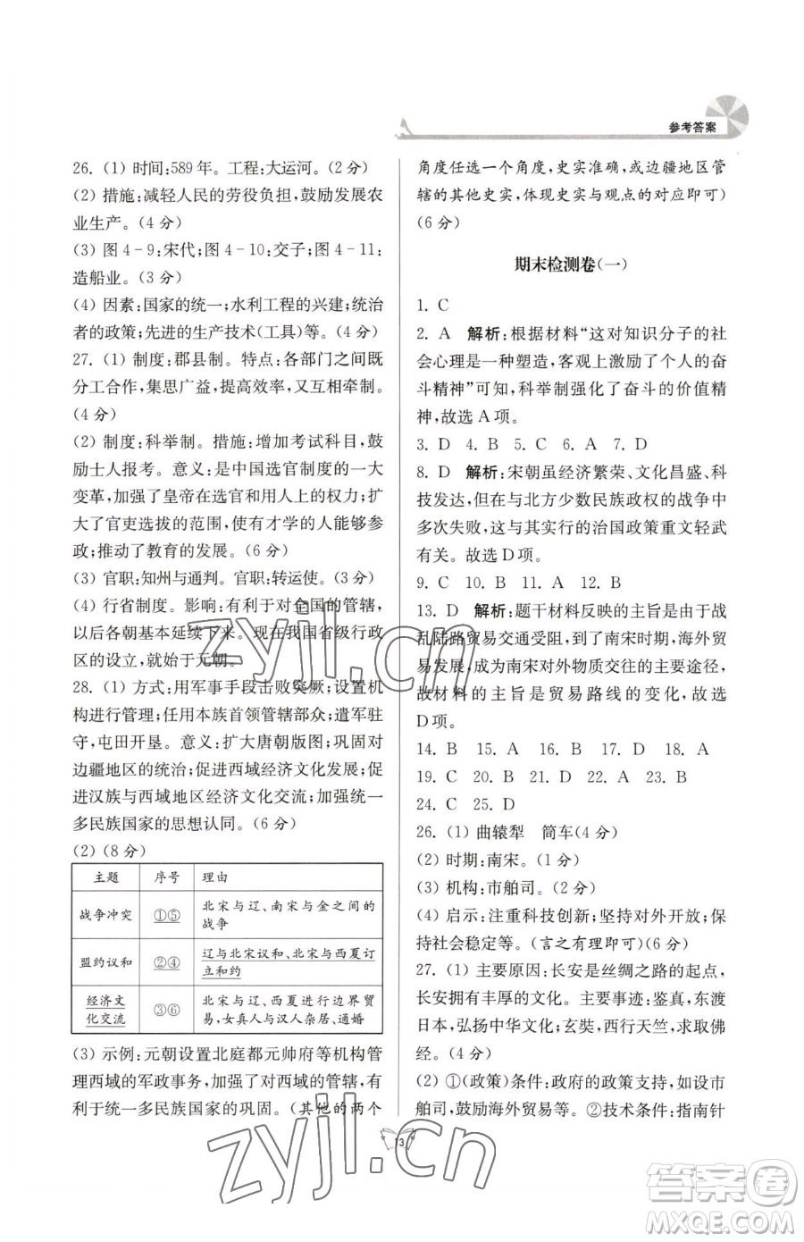 江蘇人民出版社2023創(chuàng)新課時作業(yè)本七年級下冊歷史人教版參考答案