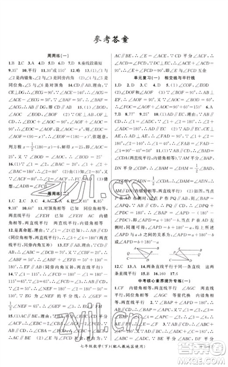 新疆青少年出版社2023原創(chuàng)新課堂七年級數(shù)學(xué)下冊人教版參考答案