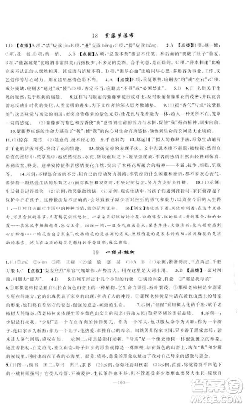 新疆青少年出版社2023原創(chuàng)新課堂七年級語文下冊人教版參考答案