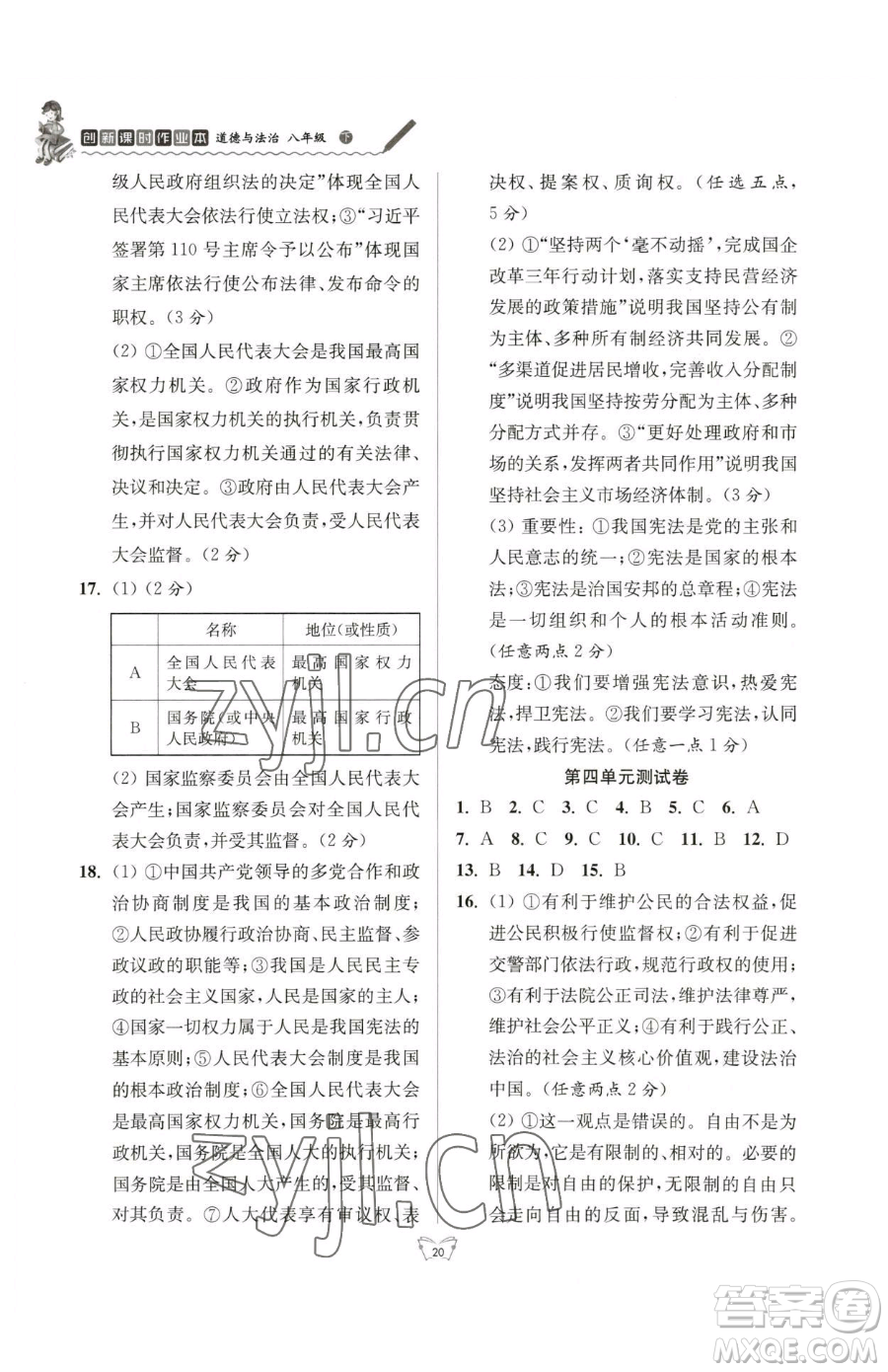 江蘇人民出版社2023創(chuàng)新課時(shí)作業(yè)本八年級(jí)下冊(cè)道德與法治人教版參考答案