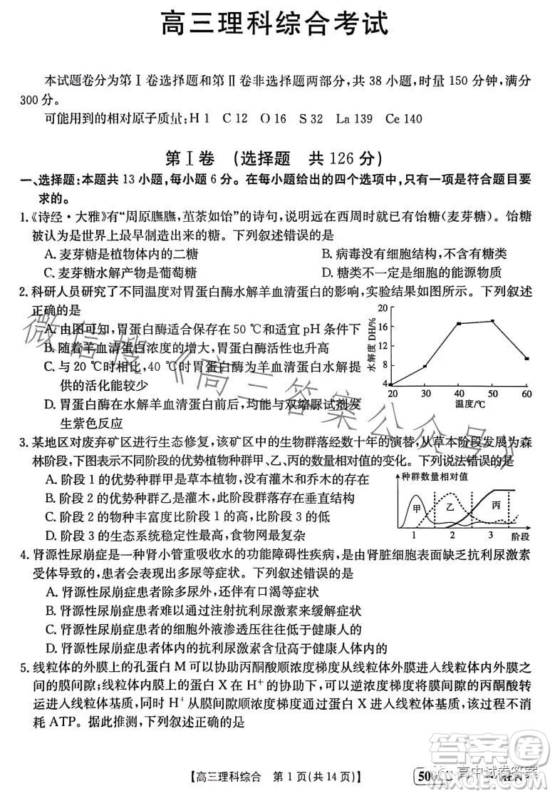 2023金太陽(yáng)聯(lián)考5001CHEN高三理科綜合試卷答案