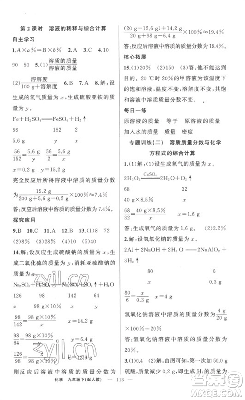 新疆青少年出版社2023原創(chuàng)新課堂九年級化學下冊人教版參考答案