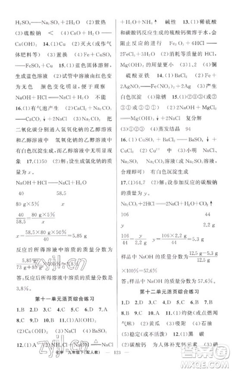 新疆青少年出版社2023原創(chuàng)新課堂九年級化學下冊人教版參考答案