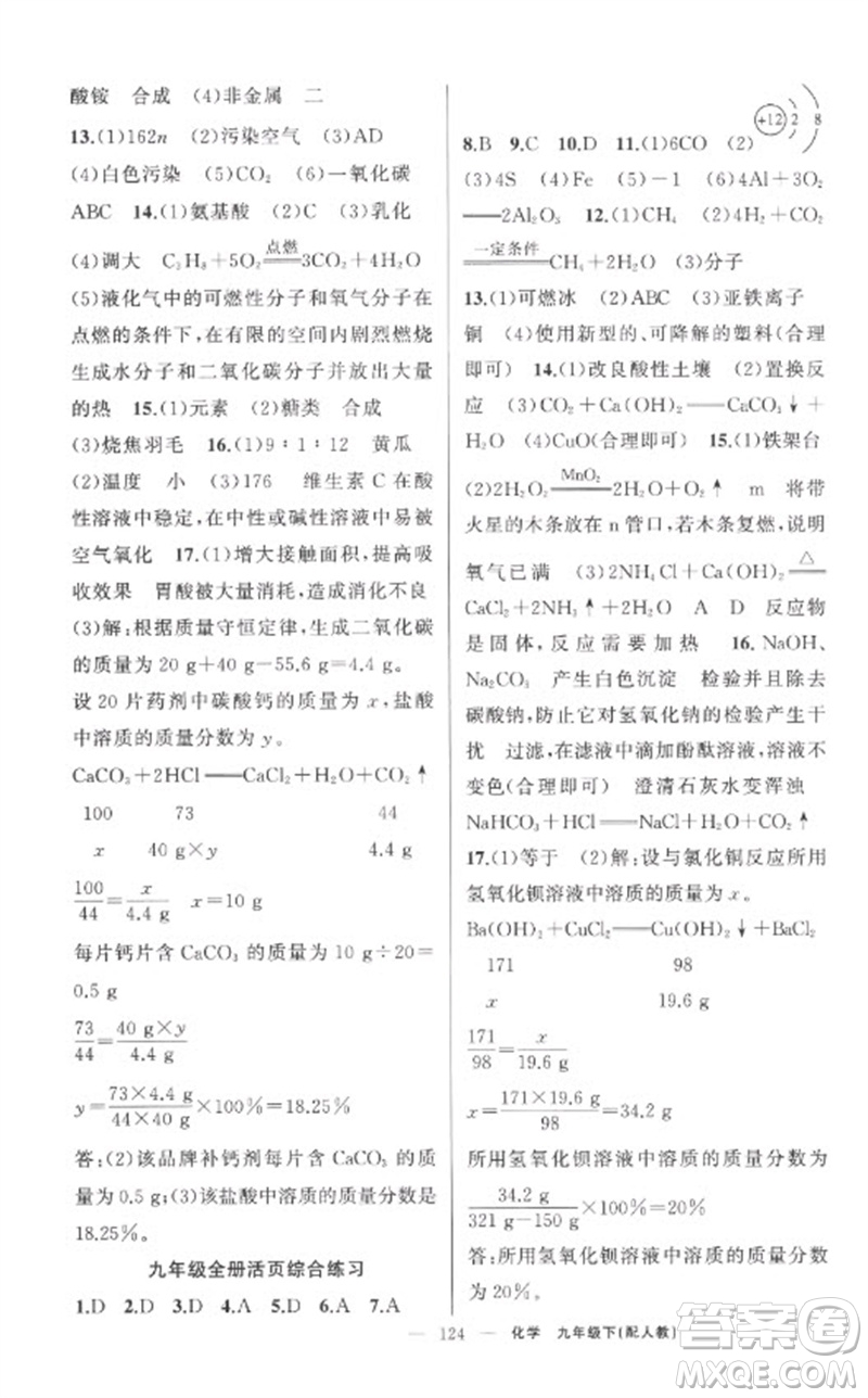 新疆青少年出版社2023原創(chuàng)新課堂九年級化學下冊人教版參考答案