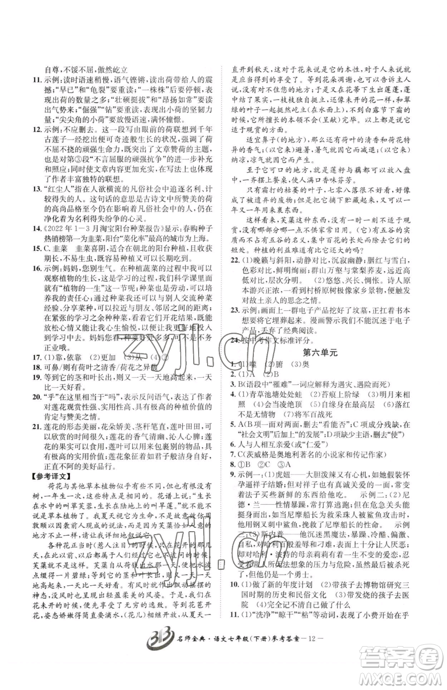 云南科技出版社2023名師金典BFB初中課時優(yōu)化七年級下冊語文人教版參考答案