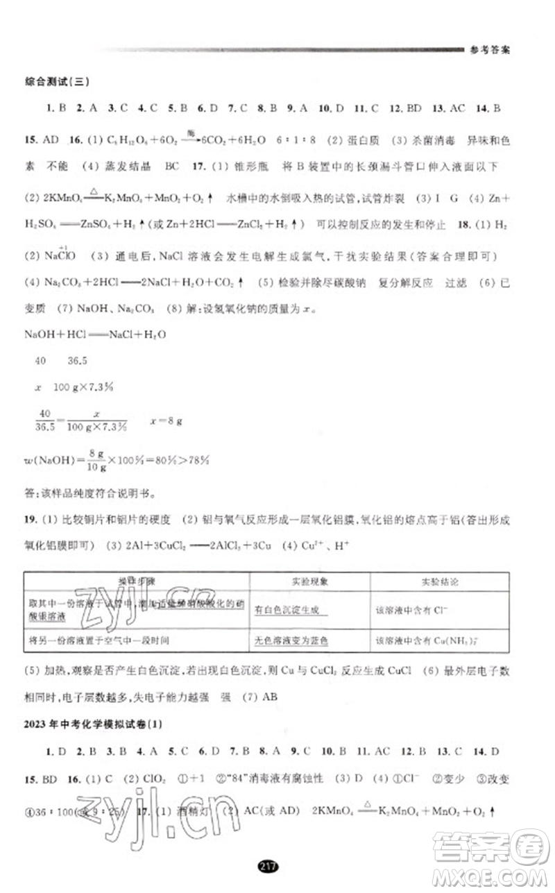 江蘇鳳凰教育出版社2023初中畢業(yè)升學(xué)考試指導(dǎo)九年級(jí)化學(xué)通用版參考答案