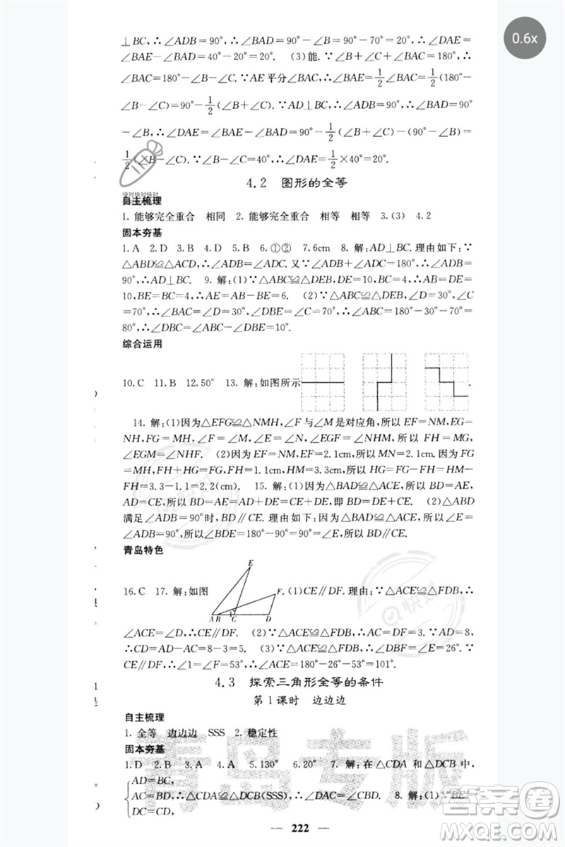 四川大學出版社2023名校課堂內(nèi)外七年級數(shù)學下冊北師大版青島專版參考答案