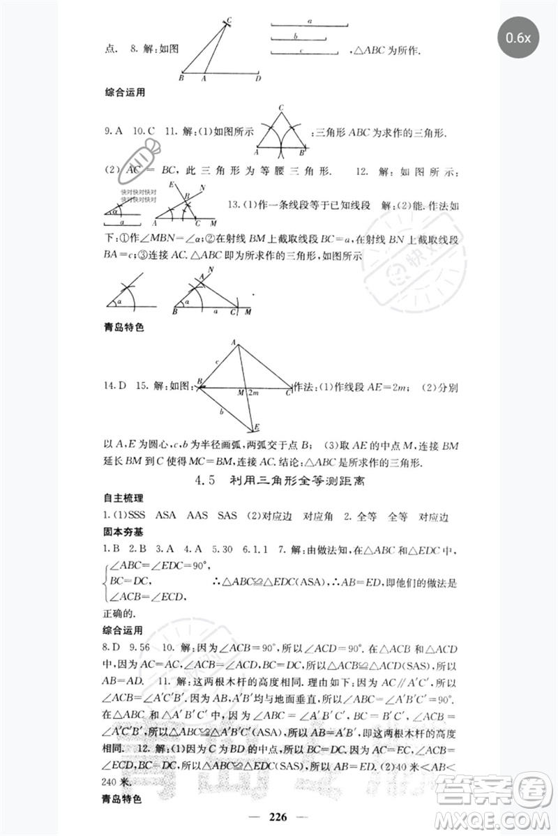 四川大學出版社2023名校課堂內(nèi)外七年級數(shù)學下冊北師大版青島專版參考答案