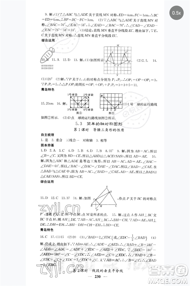 四川大學出版社2023名校課堂內(nèi)外七年級數(shù)學下冊北師大版青島專版參考答案