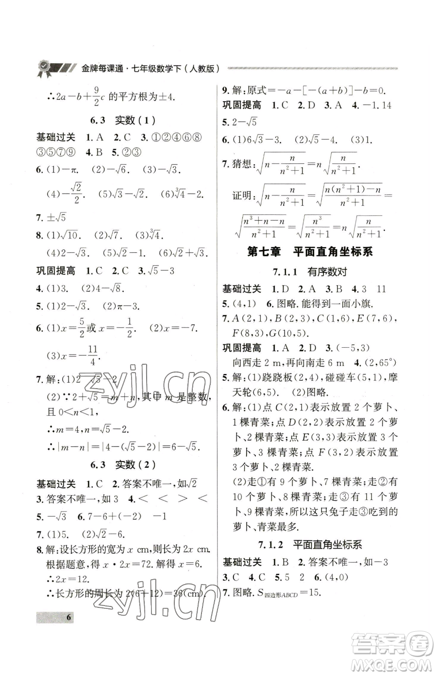 延邊大學(xué)出版社2023點(diǎn)石成金金牌每課通七年級(jí)下冊(cè)數(shù)學(xué)人教版參考答案