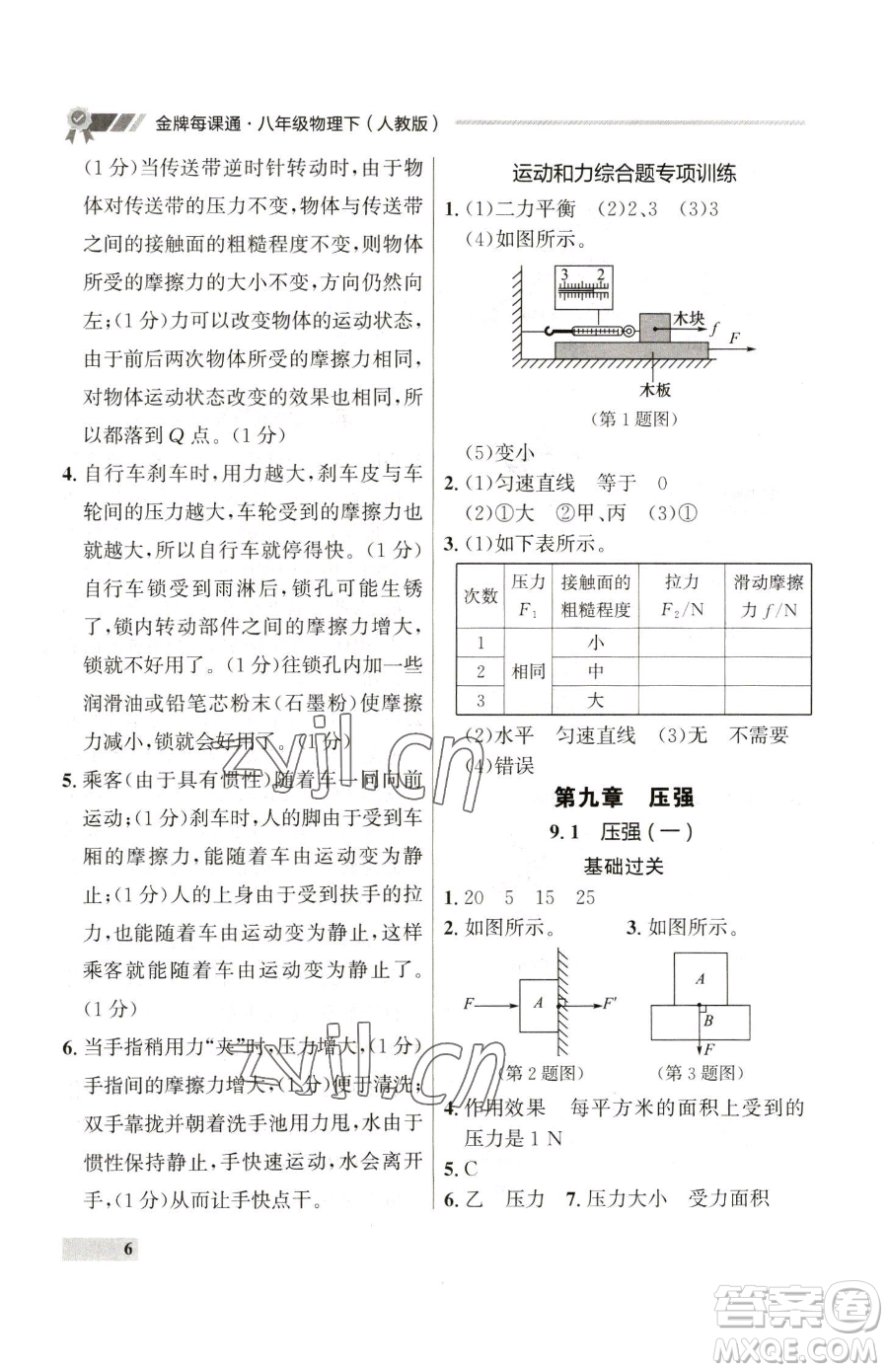 延邊大學(xué)出版社2023點(diǎn)石成金金牌每課通八年級(jí)下冊(cè)物理人教版參考答案