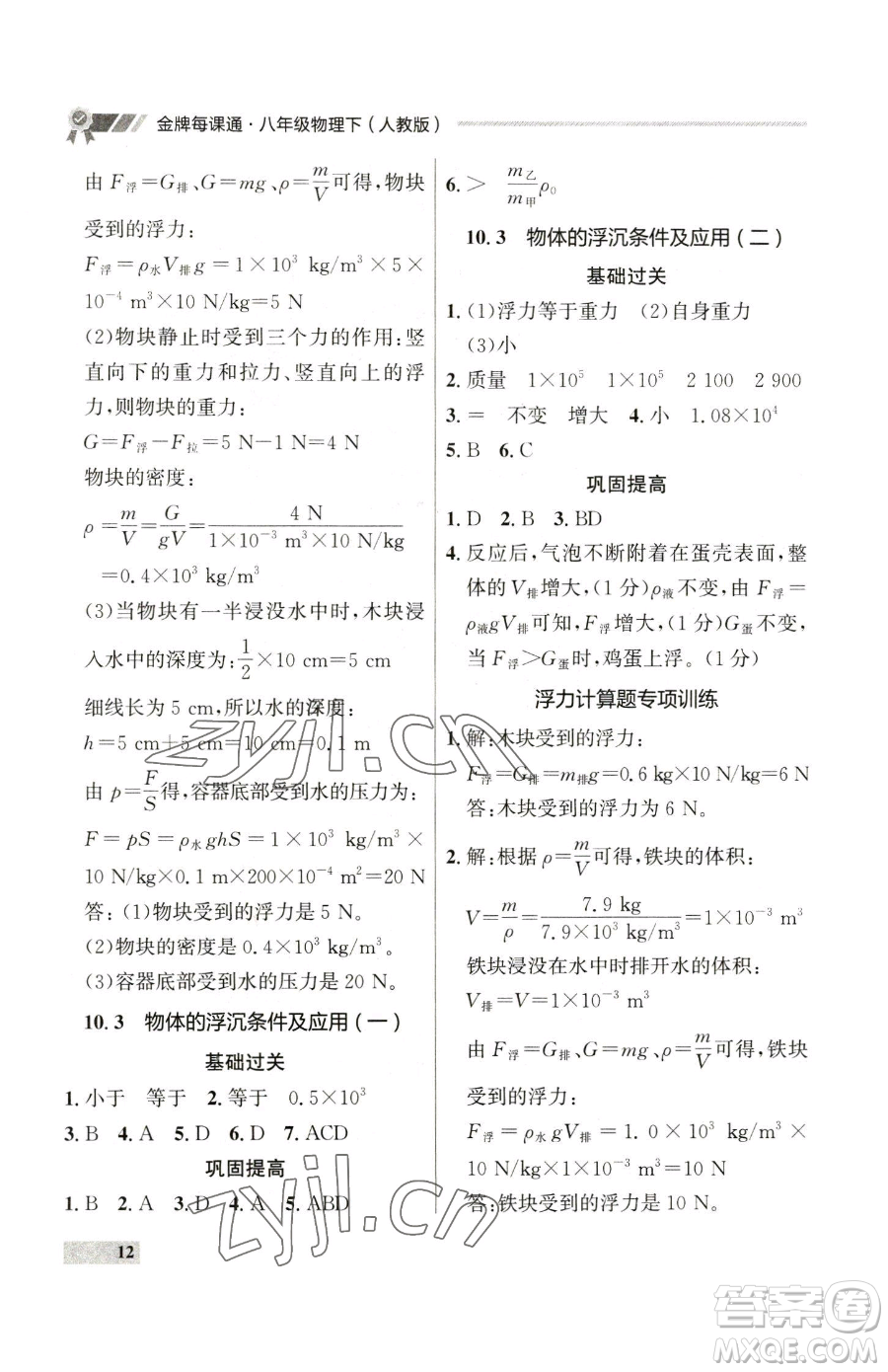 延邊大學(xué)出版社2023點(diǎn)石成金金牌每課通八年級(jí)下冊(cè)物理人教版參考答案