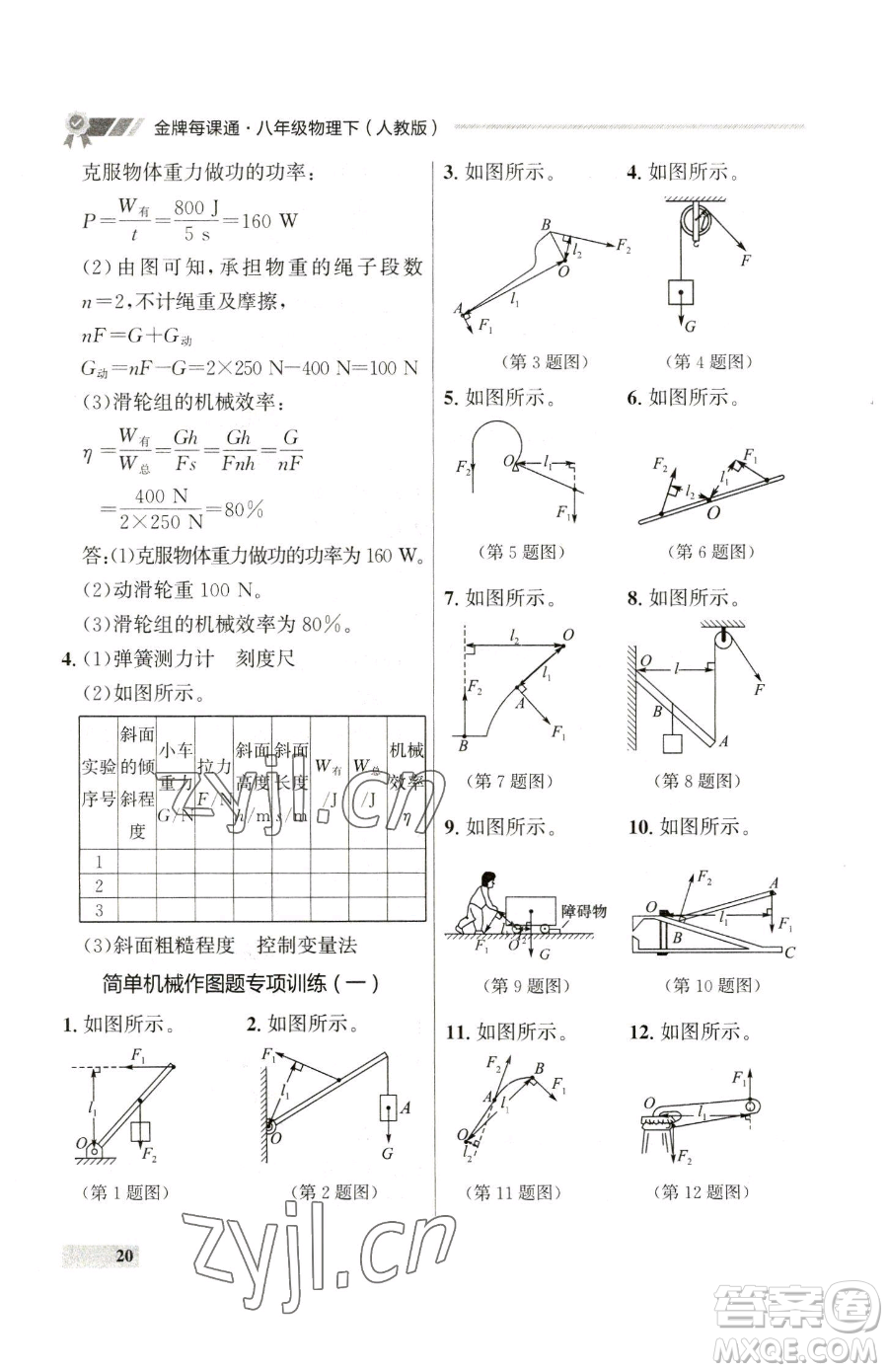 延邊大學(xué)出版社2023點(diǎn)石成金金牌每課通八年級(jí)下冊(cè)物理人教版參考答案