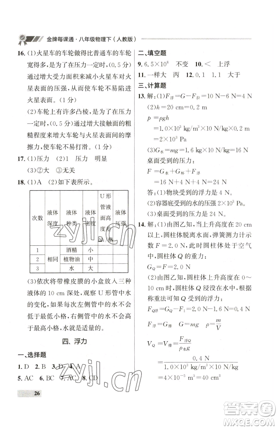 延邊大學(xué)出版社2023點(diǎn)石成金金牌每課通八年級(jí)下冊(cè)物理人教版參考答案