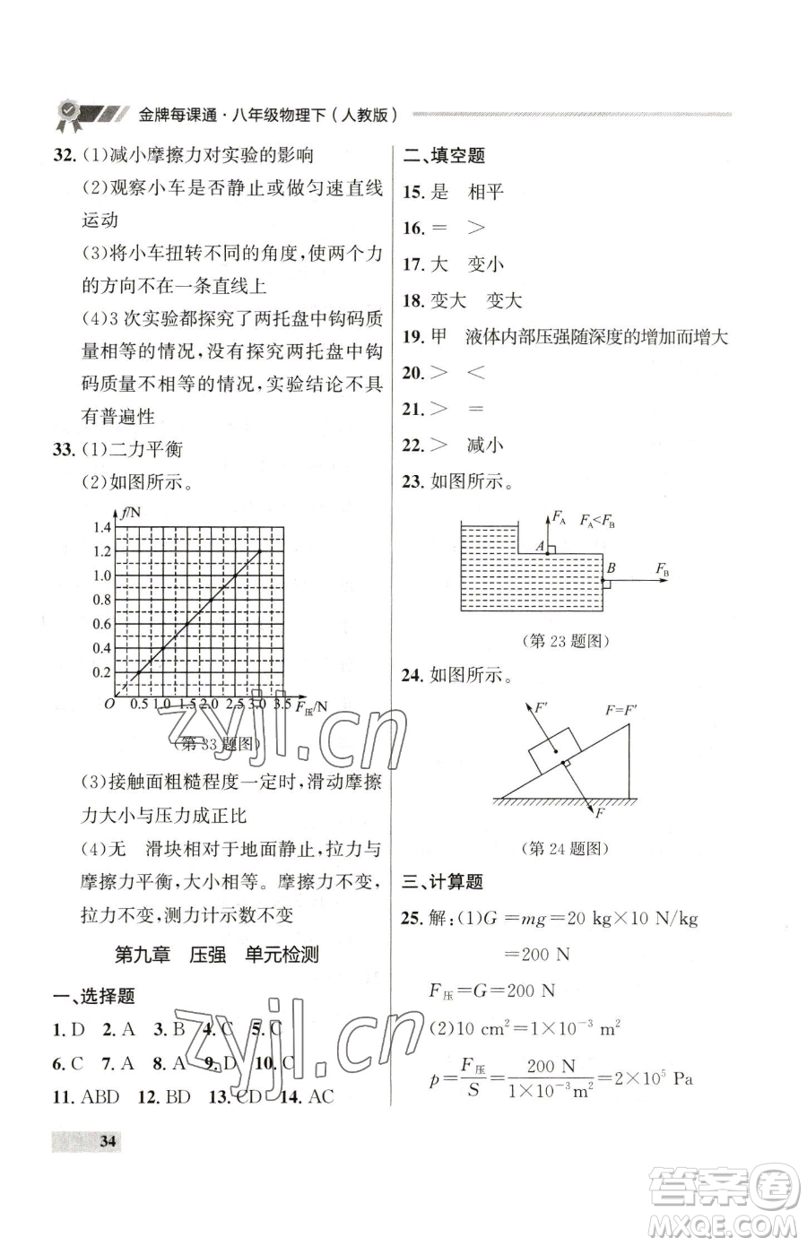 延邊大學(xué)出版社2023點(diǎn)石成金金牌每課通八年級(jí)下冊(cè)物理人教版參考答案