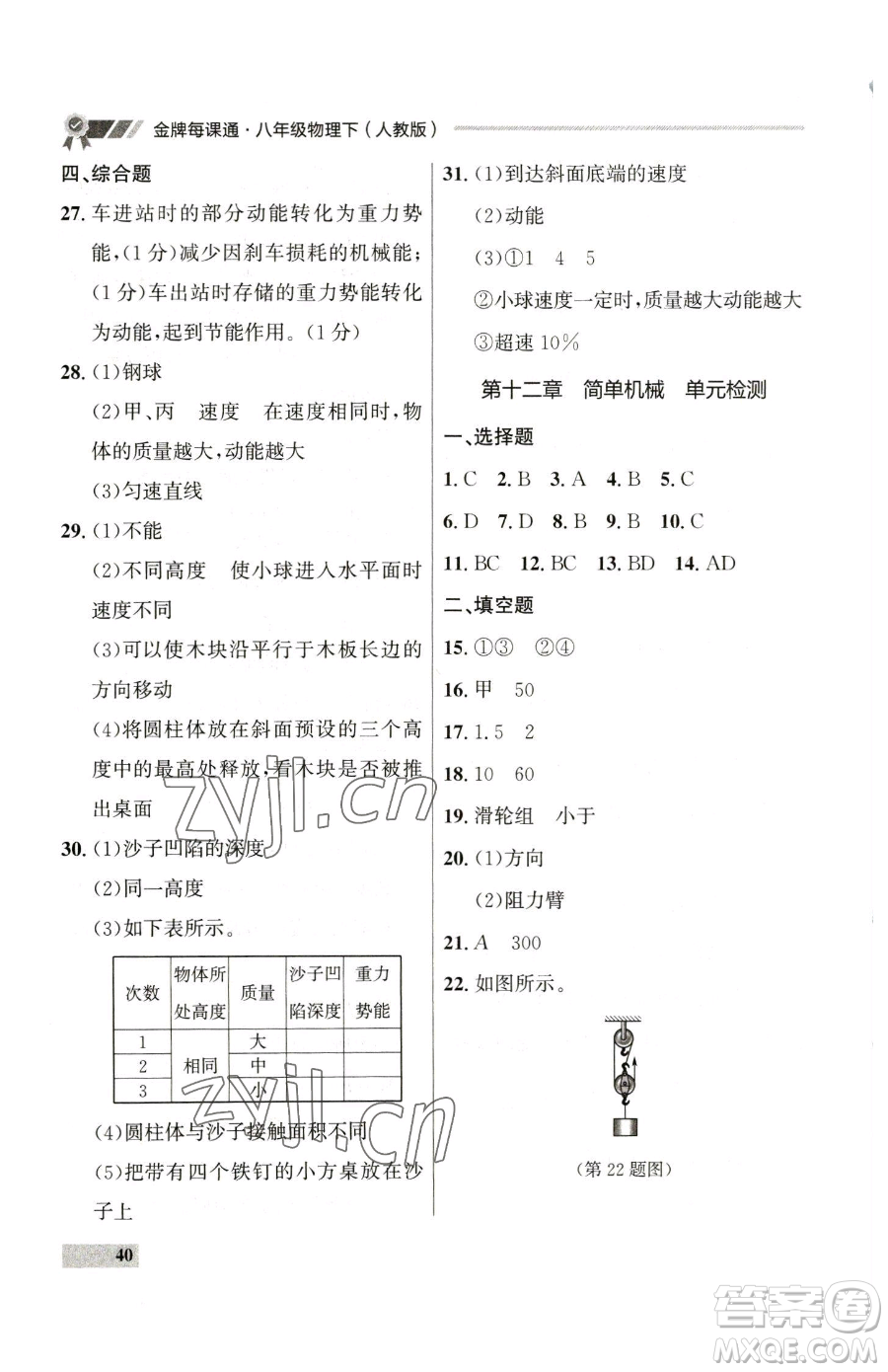 延邊大學(xué)出版社2023點(diǎn)石成金金牌每課通八年級(jí)下冊(cè)物理人教版參考答案