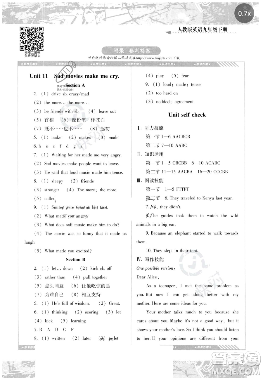 湖南少年兒童出版社2023同步實踐評價課程基礎(chǔ)訓(xùn)練九年級下冊英語人教版參考答案