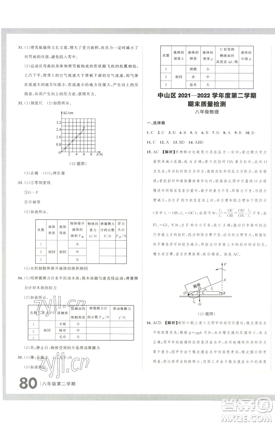 延邊大學(xué)出版社2023名校大考卷八年級下冊物理人教版大連專版參考答案