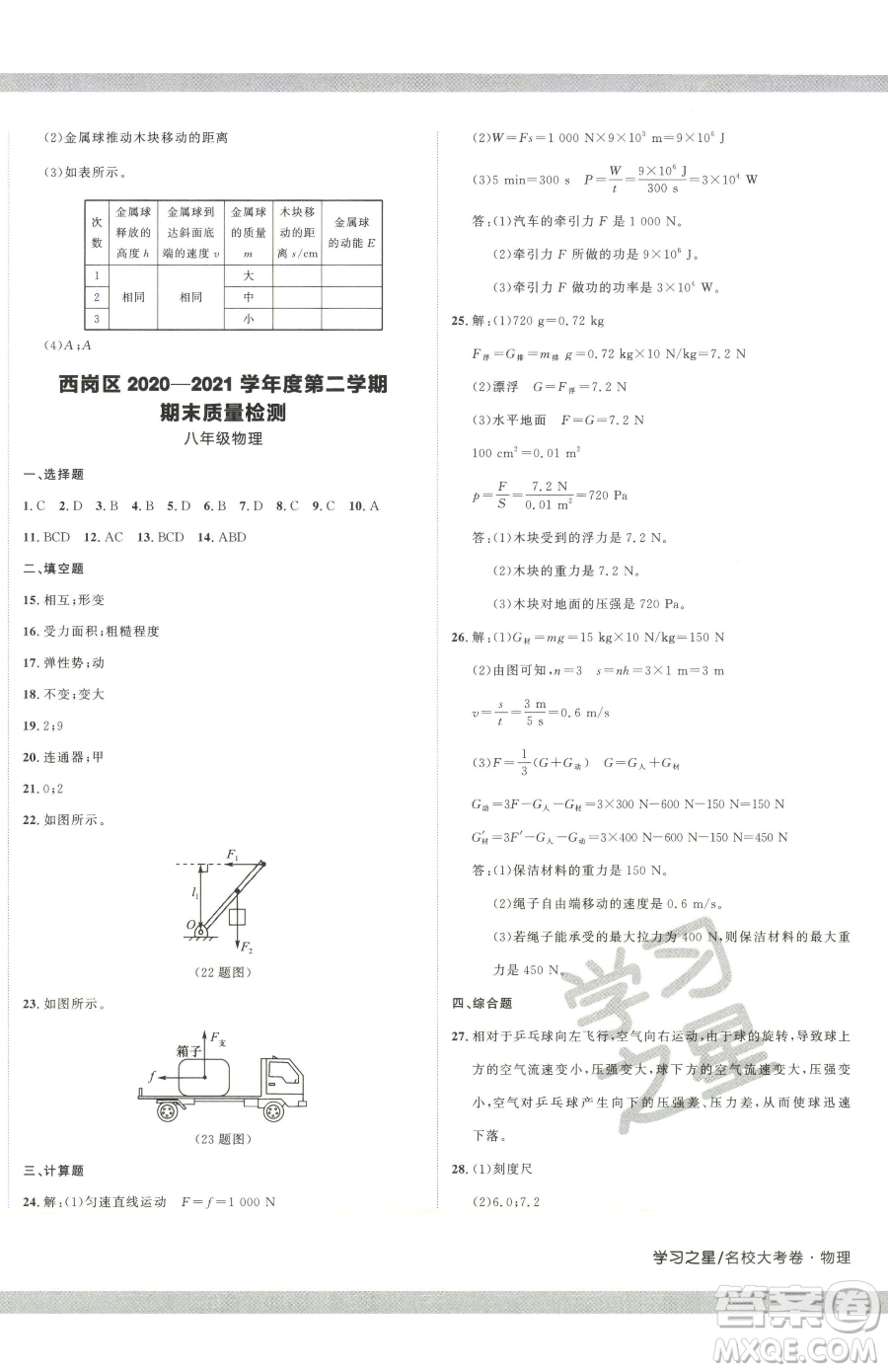 延邊大學(xué)出版社2023名校大考卷八年級下冊物理人教版大連專版參考答案