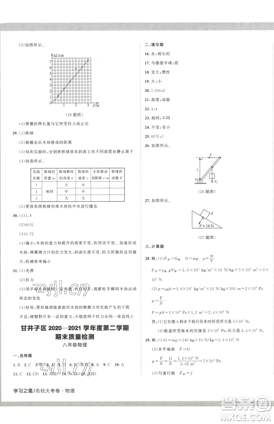 延邊大學(xué)出版社2023名校大考卷八年級下冊物理人教版大連專版參考答案