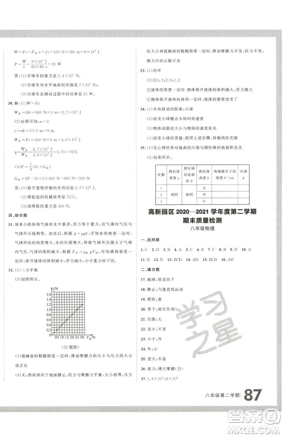 延邊大學(xué)出版社2023名校大考卷八年級下冊物理人教版大連專版參考答案