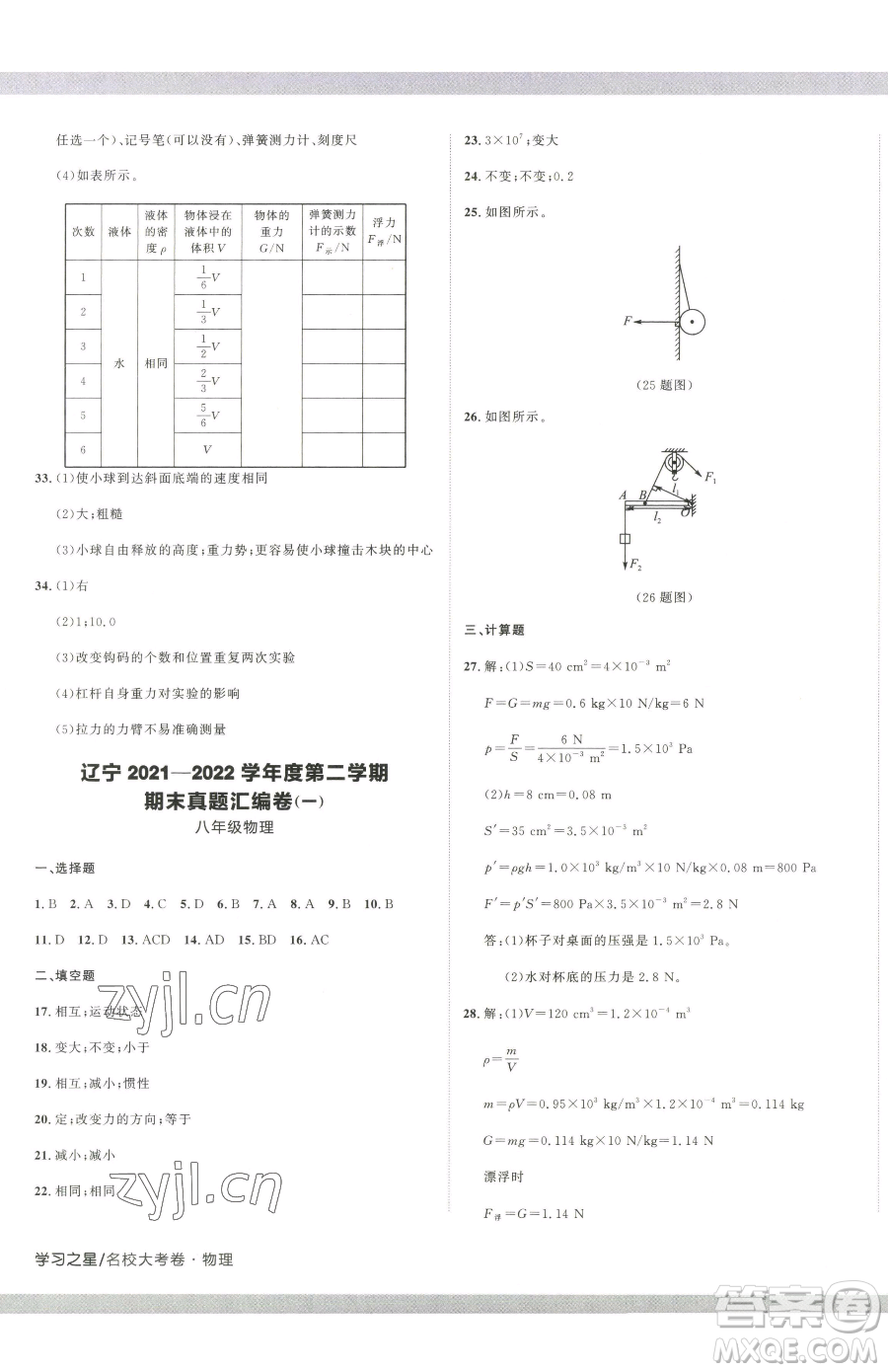 延邊大學(xué)出版社2023名校大考卷八年級下冊物理人教版大連專版參考答案