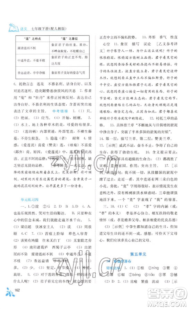 廣西教育出版社2023自主學(xué)習(xí)能力測評七年級語文下冊人教版參考答案