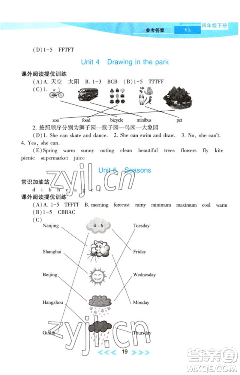 黃山書社2023自主學習當堂反饋課時作業(yè)本四年級英語下冊譯林版參考答案