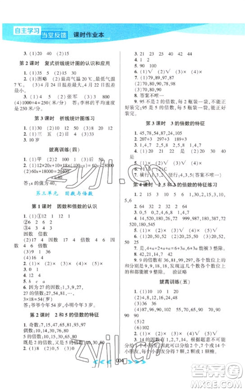 黃山書社2023自主學(xué)習(xí)當(dāng)堂反饋課時作業(yè)本五年級數(shù)學(xué)下冊蘇教版參考答案