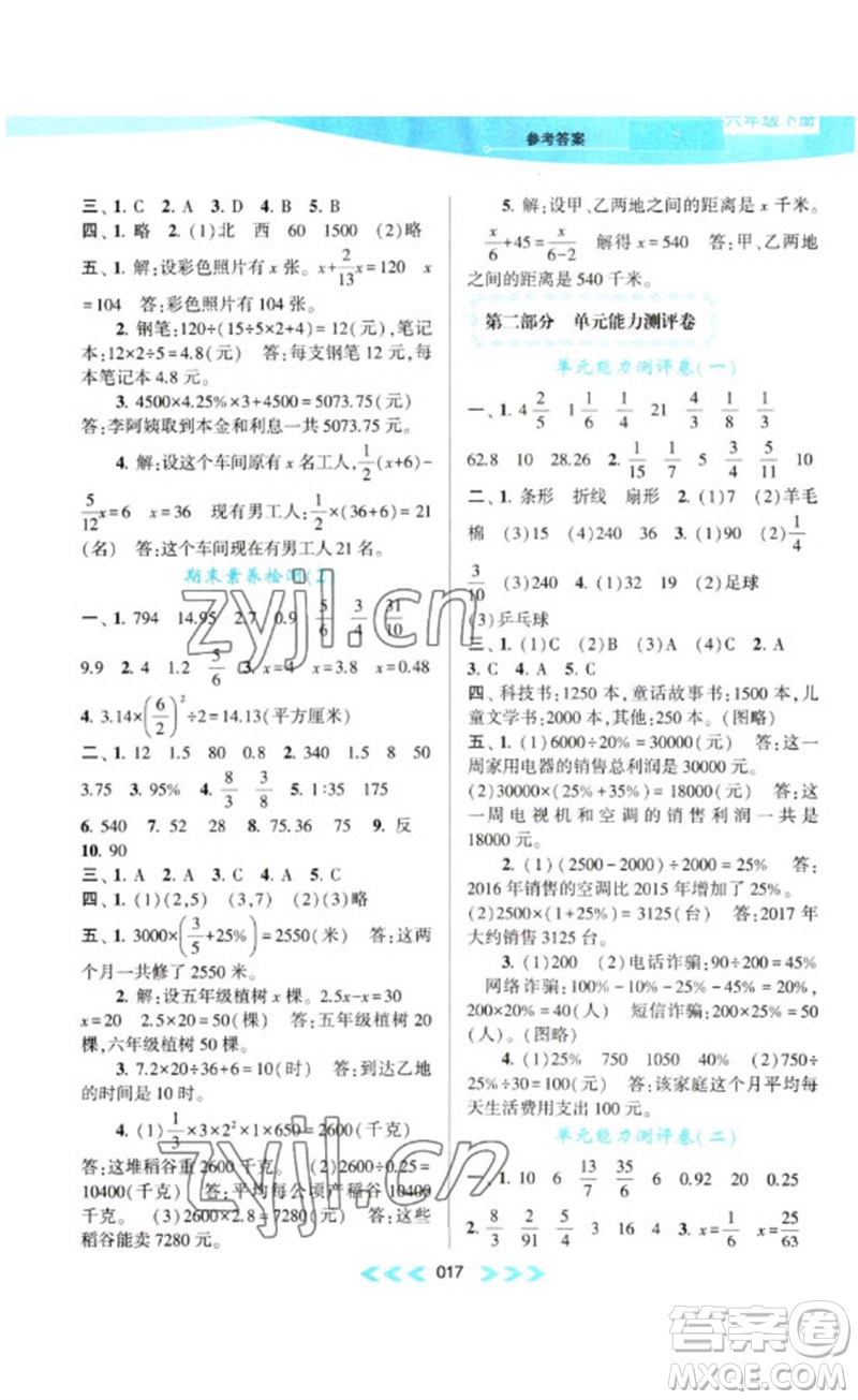 黃山書社2023自主學(xué)習(xí)當(dāng)堂反饋課時(shí)作業(yè)本六年級(jí)數(shù)學(xué)下冊(cè)蘇教版參考答案