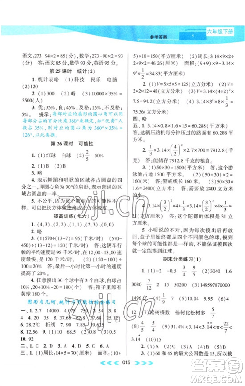 黃山書社2023自主學(xué)習(xí)當(dāng)堂反饋課時(shí)作業(yè)本六年級(jí)數(shù)學(xué)下冊(cè)蘇教版參考答案