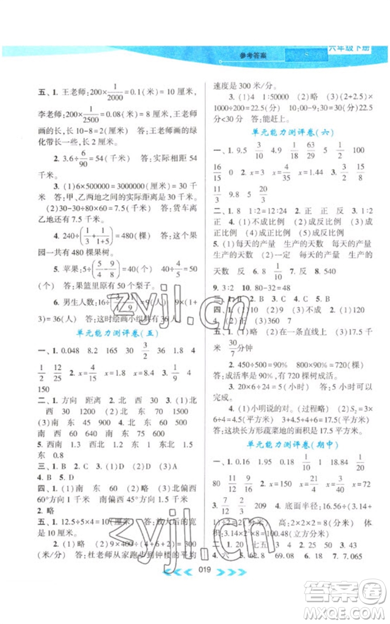 黃山書社2023自主學(xué)習(xí)當(dāng)堂反饋課時(shí)作業(yè)本六年級(jí)數(shù)學(xué)下冊(cè)蘇教版參考答案