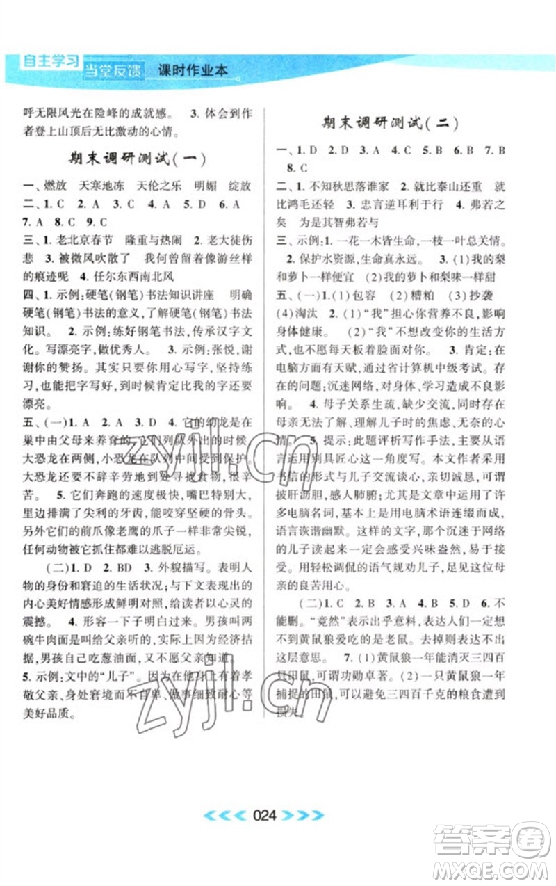 黃山書社2023自主學(xué)習(xí)當(dāng)堂反饋課時(shí)作業(yè)本六年級(jí)語文下冊(cè)人教版參考答案