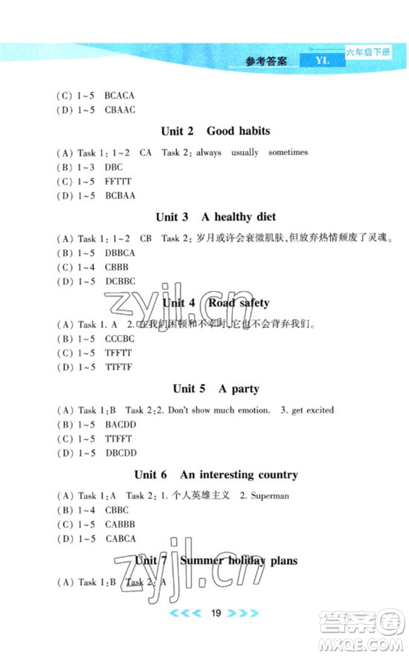 黃山書社2023自主學習當堂反饋課時作業(yè)本六年級英語下冊譯林版參考答案