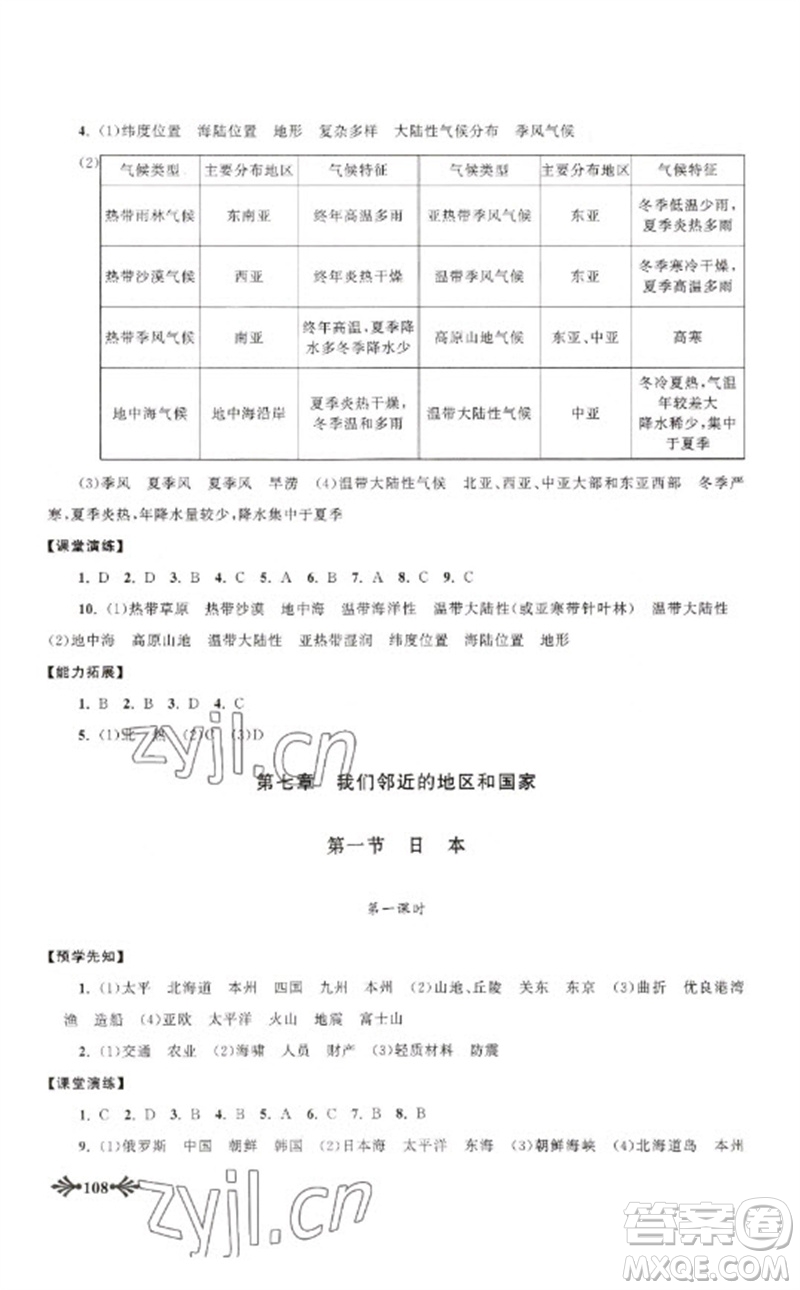 黃山書(shū)社2023自主學(xué)習(xí)當(dāng)堂反饋七年級(jí)地理下冊(cè)人教版參考答案