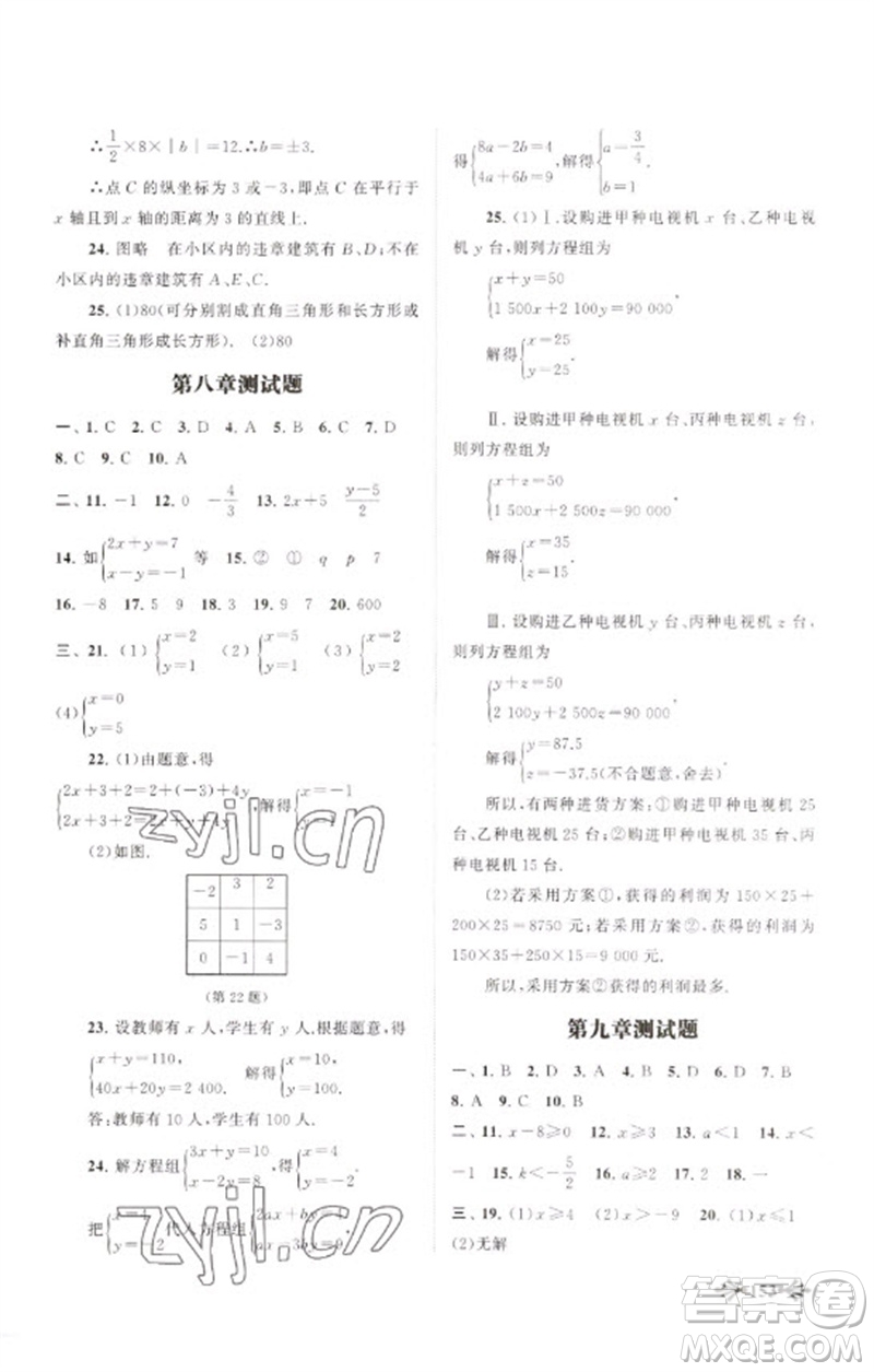 黃山書社2023自主學習當堂反饋七年級數(shù)學下冊人教版參考答案