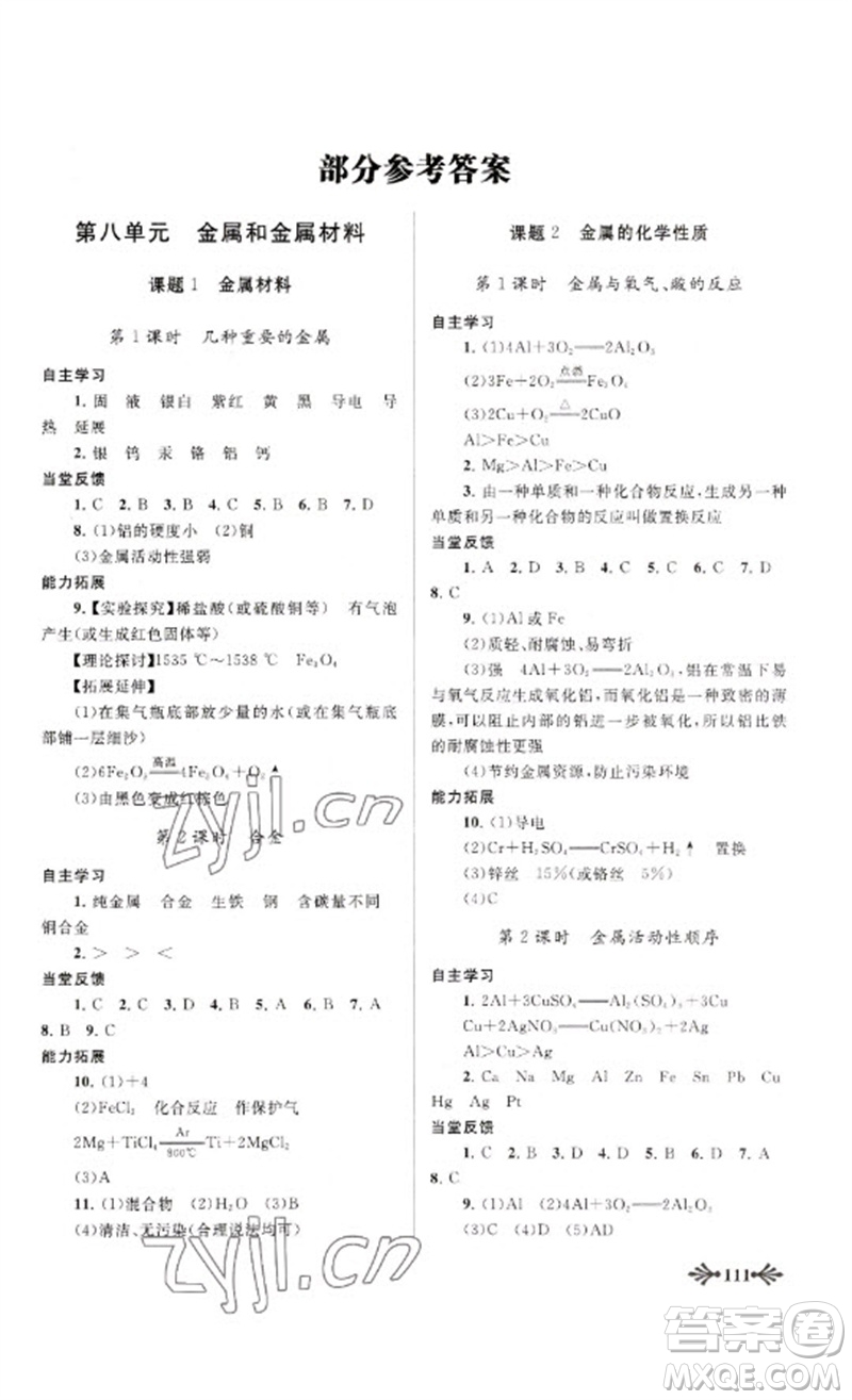 黃山書(shū)社2023自主學(xué)習(xí)當(dāng)堂反饋九年級(jí)化學(xué)下冊(cè)人教版參考答案