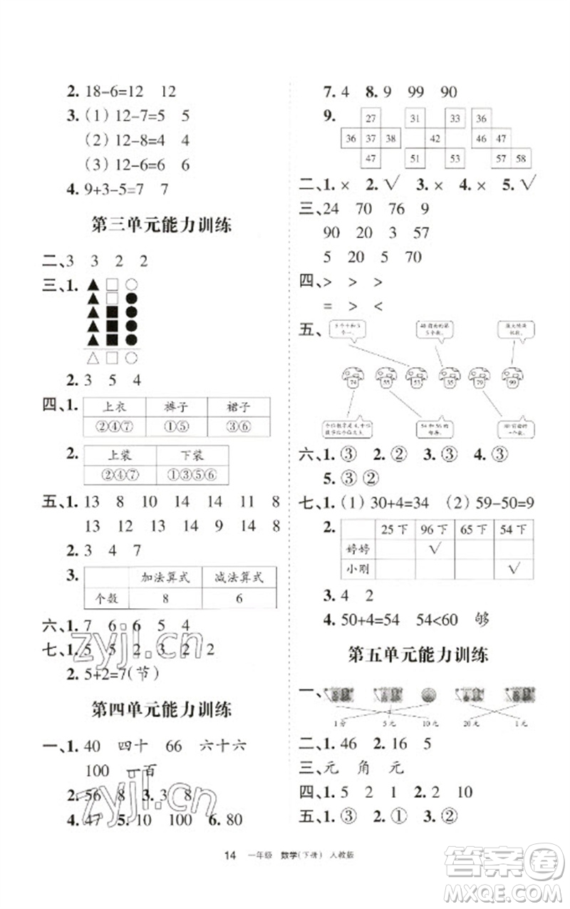 寧夏人民教育出版社2023學習之友一年級數(shù)學下冊人教版參考答案