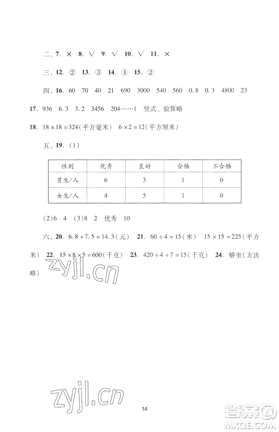 廣州出版社2023陽(yáng)光學(xué)業(yè)評(píng)價(jià)三年級(jí)下冊(cè)數(shù)學(xué)人教版參考答案