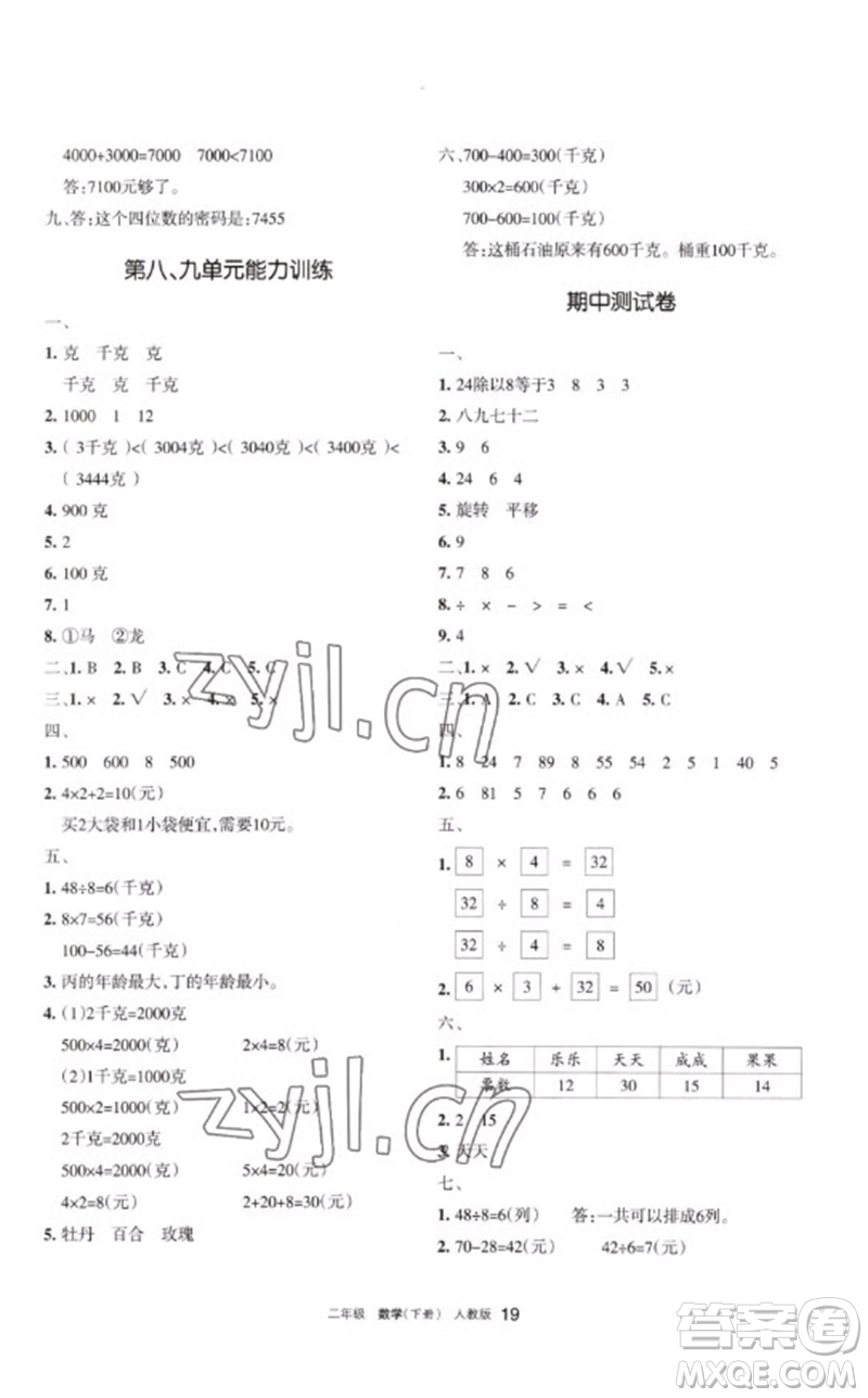 寧夏人民教育出版社2023學(xué)習(xí)之友二年級(jí)數(shù)學(xué)下冊(cè)人教版參考答案