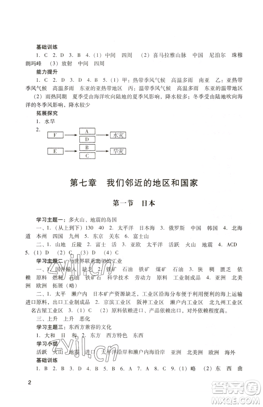 廣州出版社2023陽光學(xué)業(yè)評價(jià)七年級下冊地理人教版參考答案